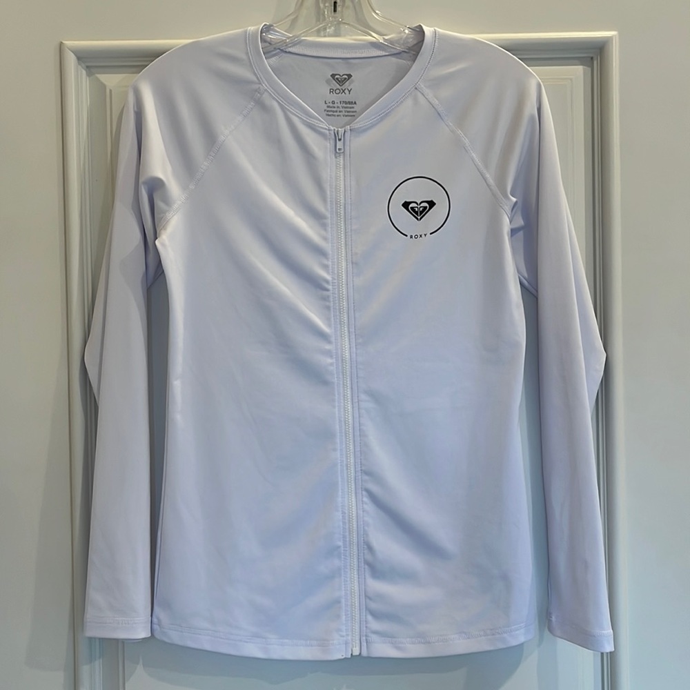 ROXY Essentials Long Sleeve Zip-Up UPF 50 Rashguard White Black Logo Size L GUC